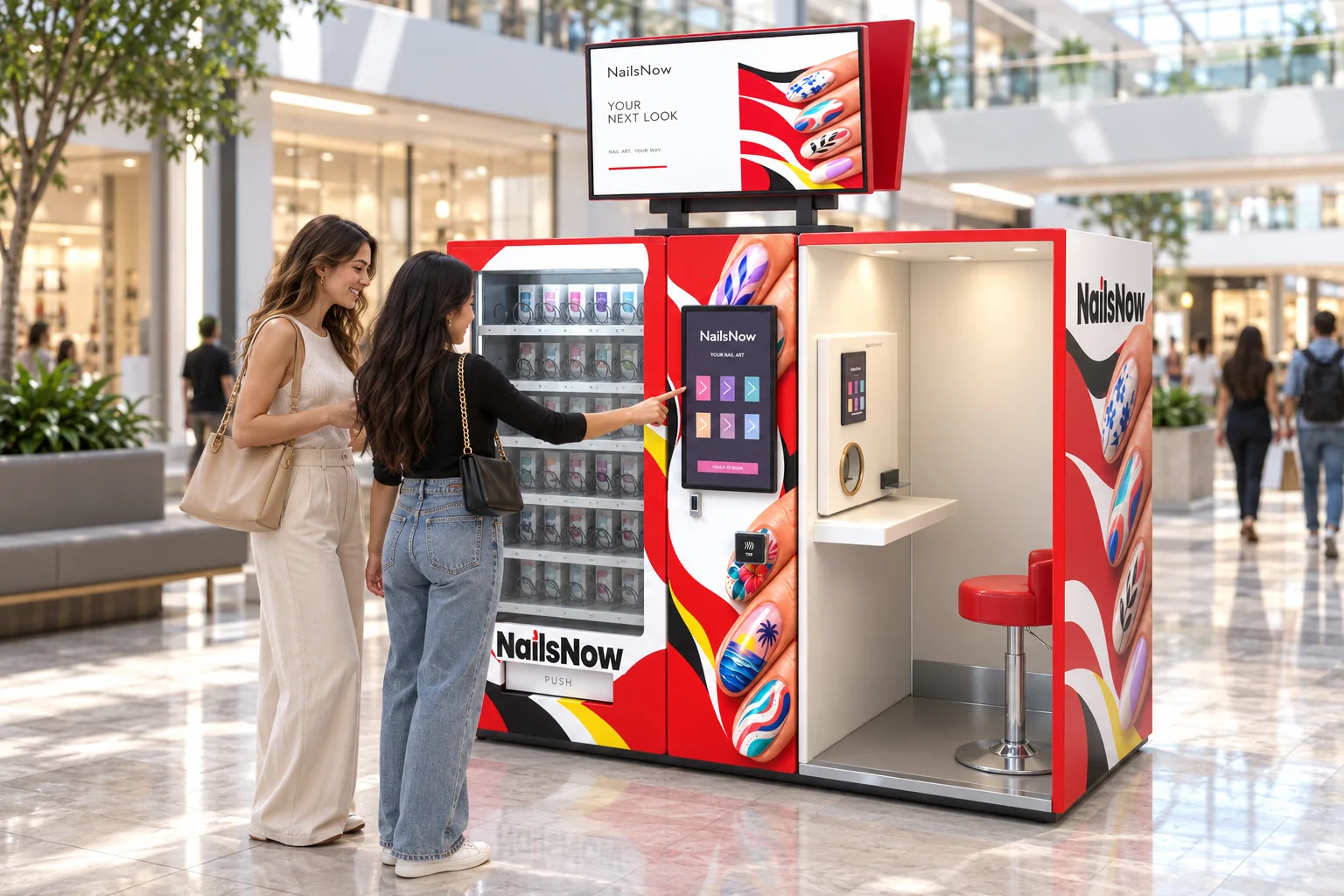 Customers browsing a NailsNow digital nail-art kiosk in a shopping mall.