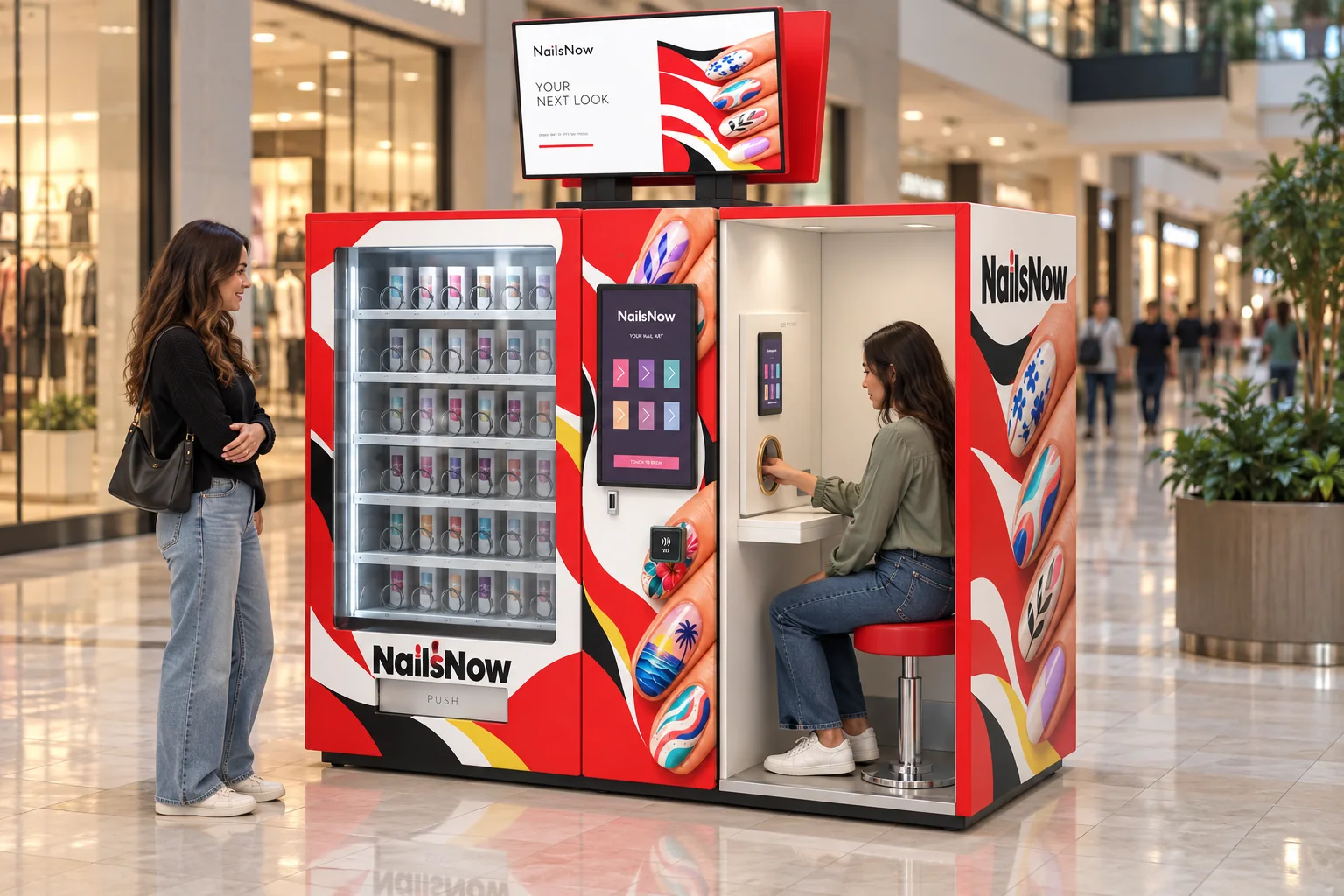 Customer seated inside a NailsNow kiosk using the nail-art printer.