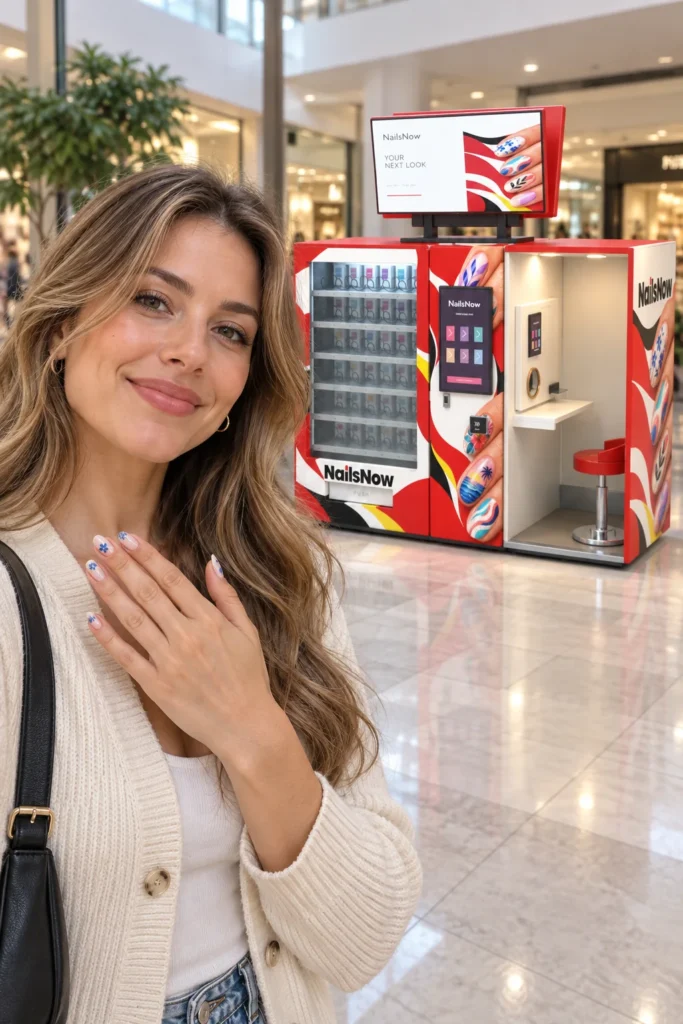 Customer showing blue floral nail art with the NailsNow kiosk behind her.
