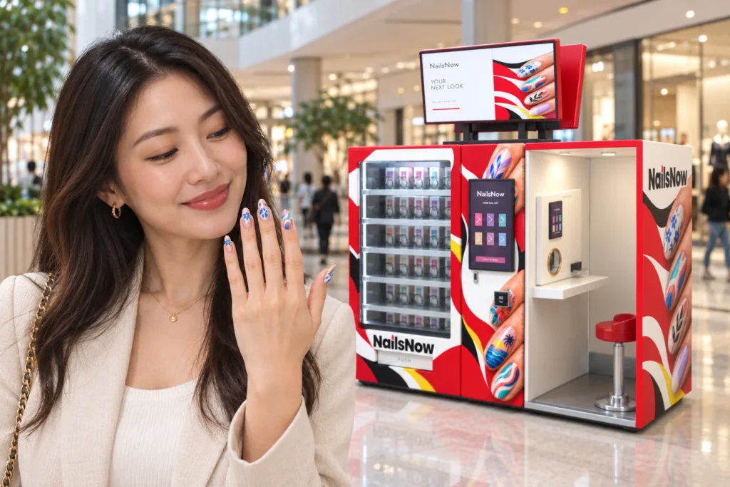 Customer showing colorful detailed nail art beside a NailsNow kiosk.