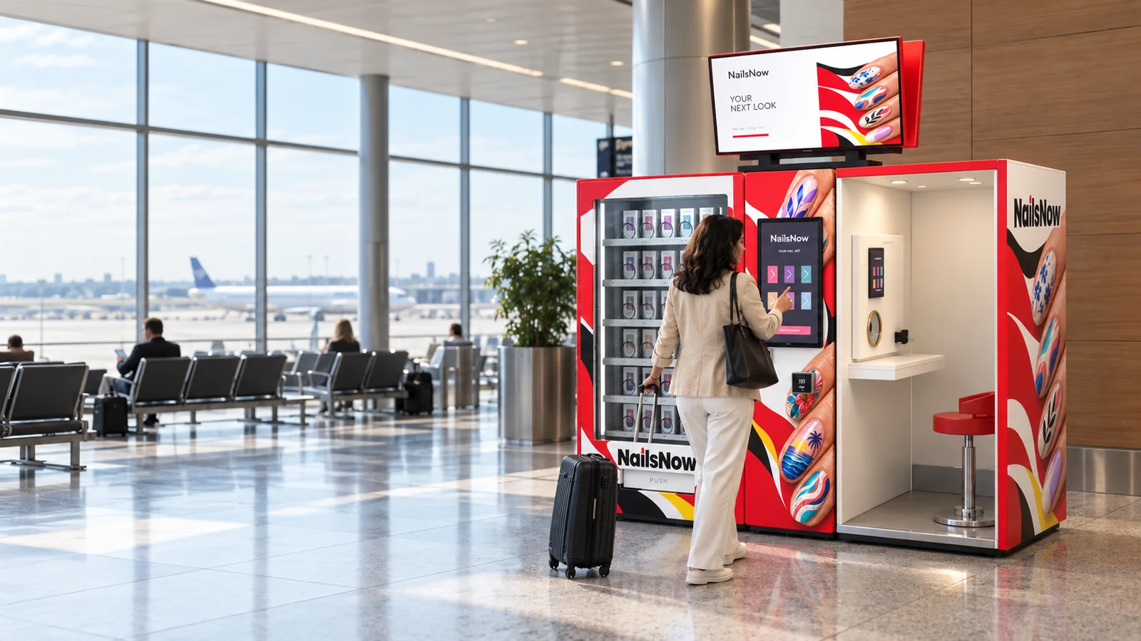 NailsNow kiosk with digital advertising monitors in an airport.